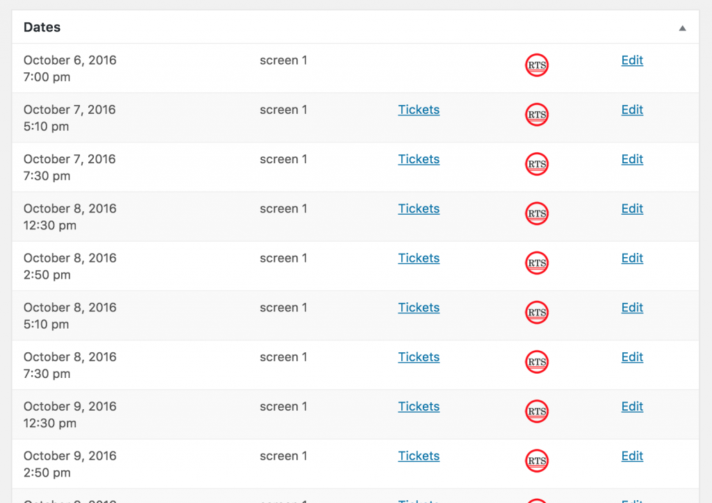 RTS Ticketing movies inside WordPress admin